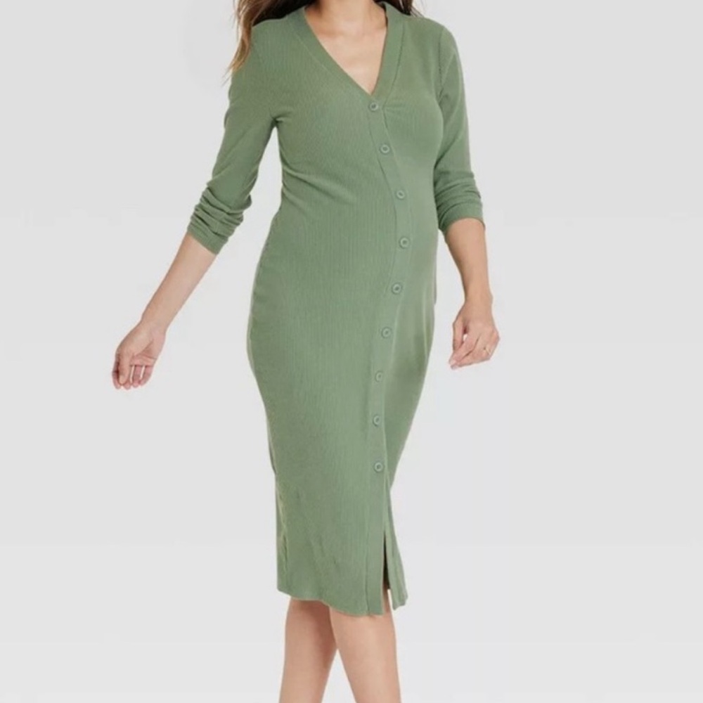 Elegant Olive Green Ribbed Knit Midi Maternity Dress